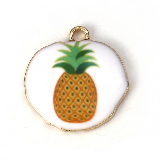 Picture of Zinc Based Alloy Charms Irregular Gold Plated White & Yellow Pineapple Enamel 22mm( 7/8") x 21mm( 7/8"), 5 PCs