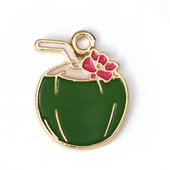 Picture of Zinc Based Alloy Charms Coconut Gold Plated Green Enamel 22mm( 7/8") x 17mm( 5/8"), 5 PCs