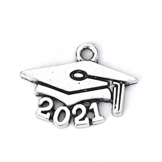 Picture of Zinc Based Alloy Charms Doctorial Hat Antique Silver Number Message " 2021 " 20mm( 6/8") x 15mm( 5/8"), 30 PCs