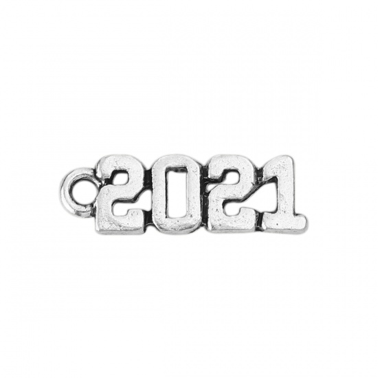 Picture of Zinc Based Alloy Charms Number Antique Silver Message " 2021 " 19mm( 6/8") x 6mm( 2/8"), 30 PCs