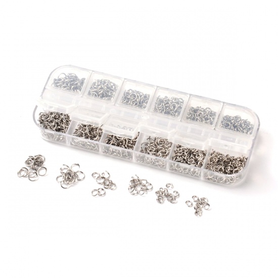 Picture of 0.8mm-0.7mm 304 Stainless Steel Opened Jump Rings Findings Mixed Silver Tone 6mm Dia. - 4mm Dia., 1 Box (Approx 1200 PCs)