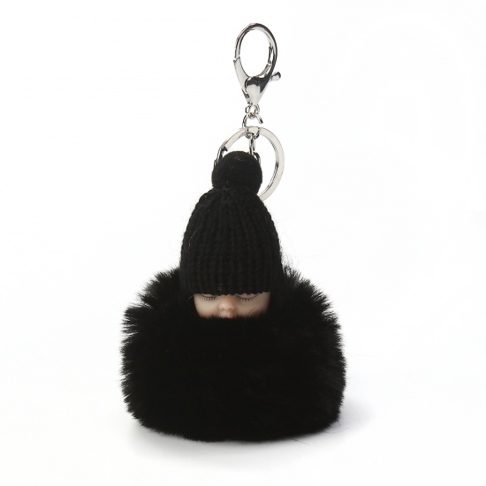 Bild von Plüsch Schlüsselkette & Schlüsselring Pompon Ball Schwarz Puppe 16cm x 8cm, 1 Stück