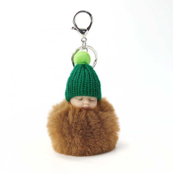 Bild von Plüsch Schlüsselkette & Schlüsselring Pompon Ball Kaffeebraun Grün Puppe 16cm x 8cm, 1 Stück