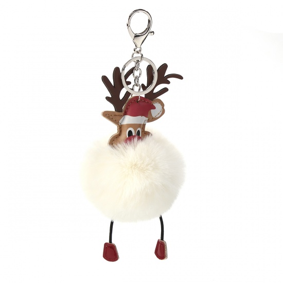 Bild von Plüsch Schlüsselkette & Schlüsselring Pompon Ball Grauweiß Weihnachten Rentier 21cm x 8cm, 1 Stück