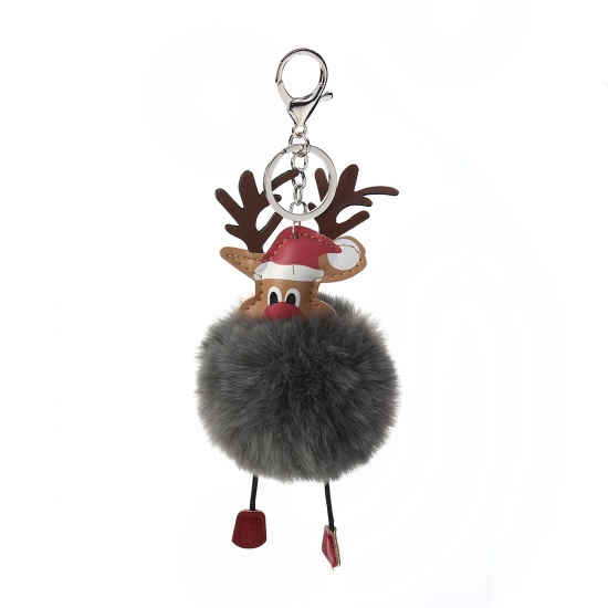 Bild von Plüsch Schlüsselkette & Schlüsselring Pompon Ball Dunkelgrau Weihnachten Rentier 21cm x 8cm, 1 Stück