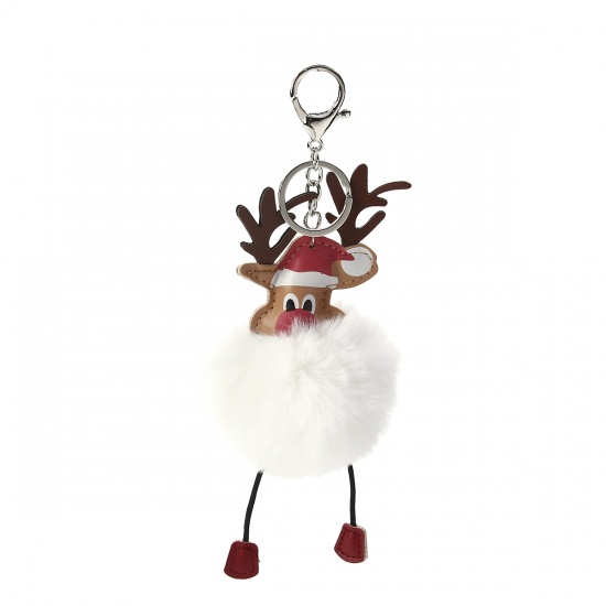 Bild von Plüsch Schlüsselkette & Schlüsselring Pompon Ball Weiß Weihnachten Rentier 21cm x 8cm, 1 Stück
