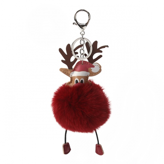 Bild von Plüsch Schlüsselkette & Schlüsselring Pompon Ball Rotweinfarben Weihnachten Rentier 21cm x 8cm, 1 Stück