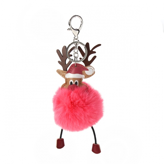 Bild von Plüsch Schlüsselkette & Schlüsselring Pompon Ball Rot Weihnachten Rentier 21cm x 8cm, 1 Stück