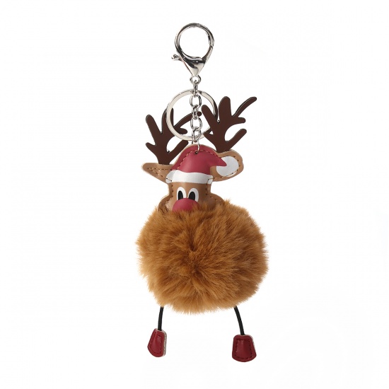 Bild von Plüsch Schlüsselkette & Schlüsselring Pompon Ball Kaffeebraun Weihnachten Rentier 21cm x 8cm, 1 Stück