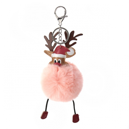 Bild von Plüsch Schlüsselkette & Schlüsselring Pompon Ball Rosa Weihnachten Rentier 21cm x 8cm, 1 Stück