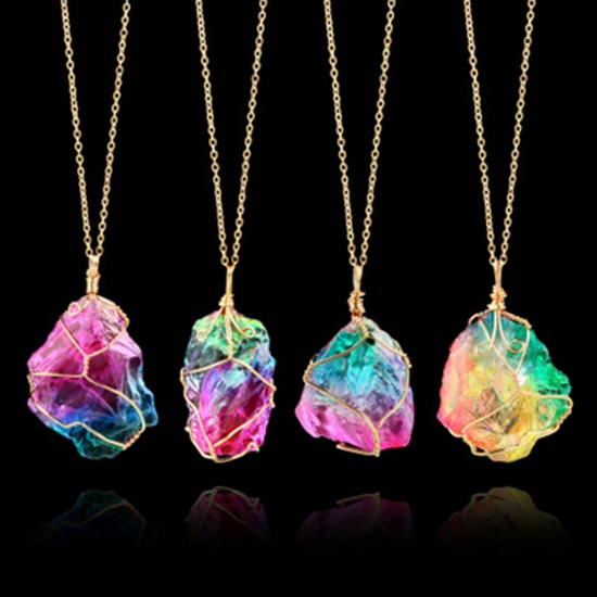 Picture of Crystal ( Natural Dyed ) Necklace Gold Plated Multicolor Wrapped 50cm(19 5/8") long, 1 Piece