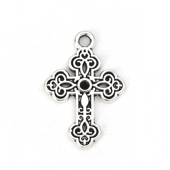 Picture of Zinc Based Alloy Charms Cross Antique Silver (Can Hold ss7 Pointed Back Rhinestone) 23mm( 7/8") x 16mm( 5/8"), 50 PCs