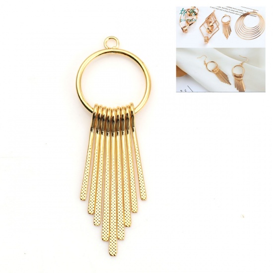 Picture of Copper Pendants Tassel Real Gold Plated Circle Ring 60mm(2 3/8") x 20mm( 6/8"), 2 PCs