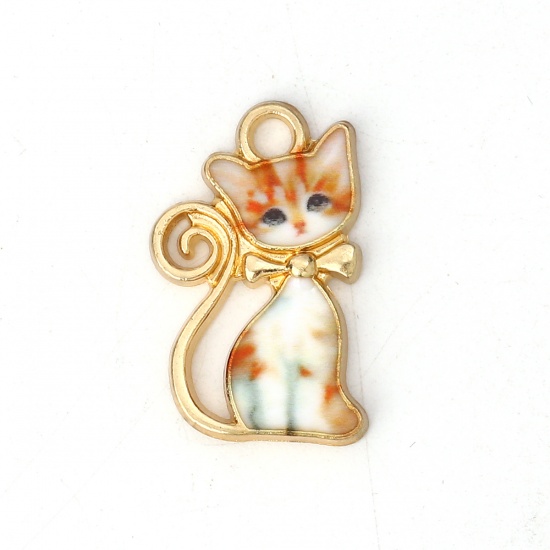 Picture of Zinc Based Alloy Charms Cat Animal Gold Plated Orange Enamel 21mm( 7/8") x 13mm( 4/8"), 10 PCs