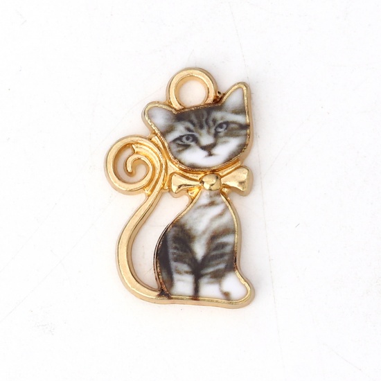 Picture of Zinc Based Alloy Charms Cat Animal Gold Plated Black & White Enamel 21mm( 7/8") x 13mm( 4/8"), 10 PCs