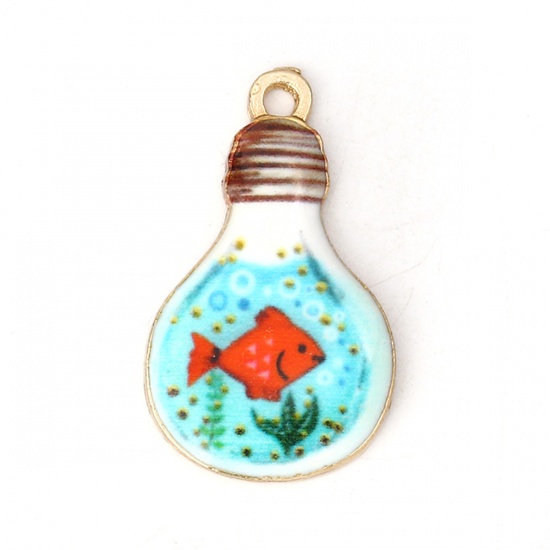 Picture of Zinc Based Alloy Charms Bulb Gold Plated Multicolor Fish Enamel 28mm(1 1/8") x 17mm( 5/8"), 10 PCs