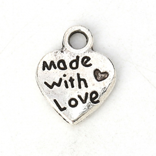 Bild von Zinklegierung Charms Herz Antiksilber Message " Made With Love " 12mm x 9mm, 100 Stück