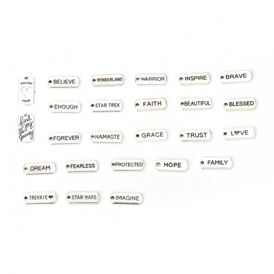 Picture of Zinc Based Alloy Charms Rectangle Antique Silver Mixed Message 21mm x8mm( 7/8" x 3/8") - 20mm x10mm( 6/8" x 3/8"), 1 Set ( 25 PCs/Set)