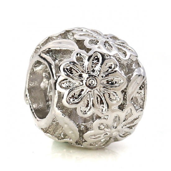 亜鉛合金 ヨーロピアンスタイル 大穴ビーズ 円形 シルバートーン 花彫刻 約 11mm直径、 穴：約 5mm、 10 個 の画像