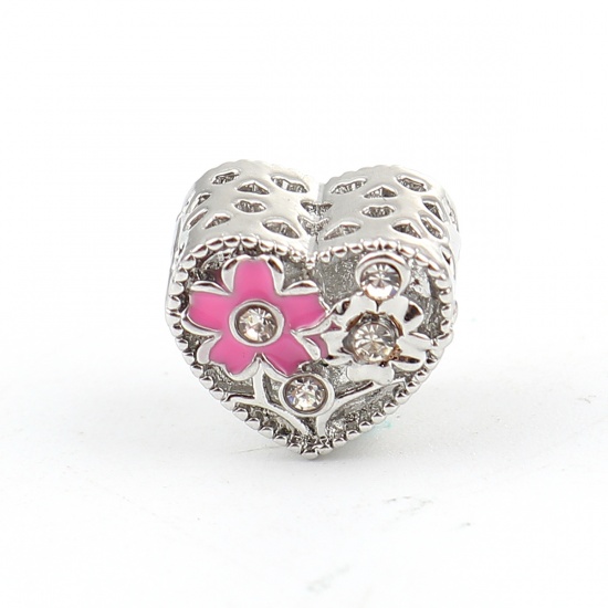 Picture of Zinc Based Alloy European Style Large Hole Charm Beads Heart Silver Tone Flower Enamel Clear Rhinestone About 12mm( 4/8") x 11mm( 3/8"), Hole: Approx 5mm, 3 PCs