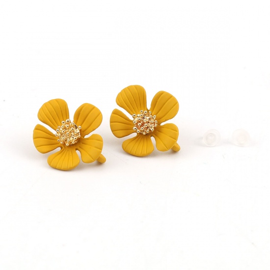 Bild von Zinklegierung Ohrring Ohrstecker Zubehör Blumen Gelb Golden Mit offener Schleife 20mm x 17mm, Drahtstärke: (21 gauge), 6 Stück