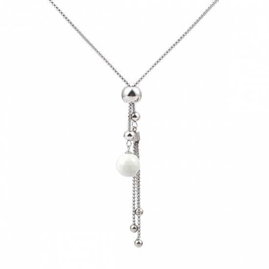 Immagine di 304 Acciaio Inossidabile Slider Regolabile Collana Lunga Adatto Maglia Tono Argento Bianco Nappine Tondo Sfaccettato 73cm Lunghezza, 1 Pz