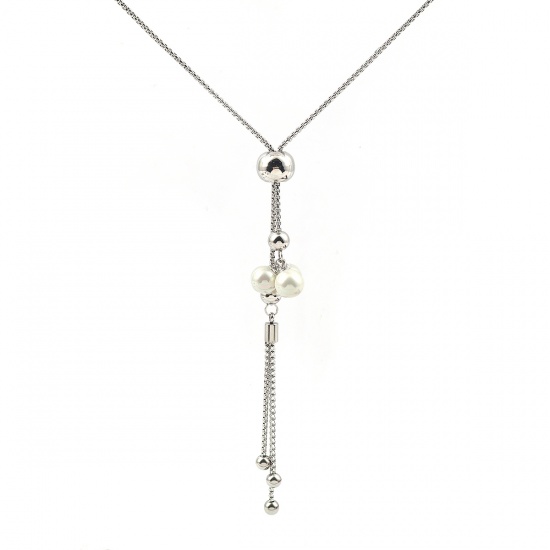 Immagine di 304 Acciaio Inossidabile Slider Regolabile Collana Lunga Adatto Maglia Tono Argento Bianco Nappine Tondo Imitata Perla 73cm Lunghezza, 1 Pz