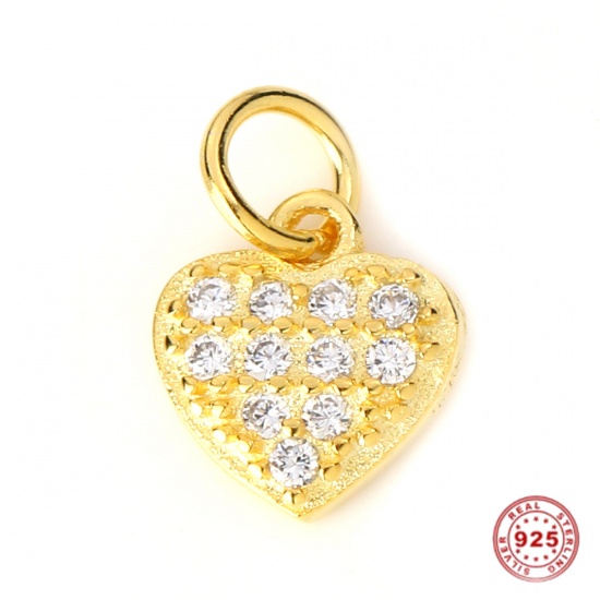 Picture of Sterling Silver Charms Gold Plated Heart Clear Rhinestone 10mm( 3/8") x 7mm( 2/8"), 1 Piece