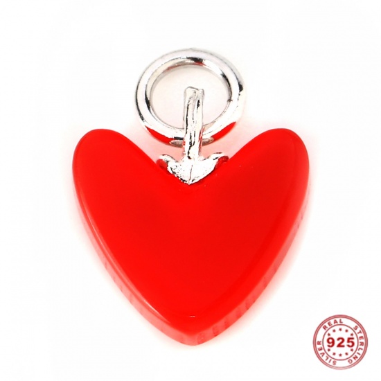 Picture of Sterling Silver Charms Silver Heart Red 11mm( 3/8") x 8mm( 3/8"), 1 Piece