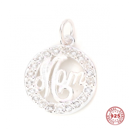 Picture of Sterling Silver Charms Silver Round Message " Mom " Clear Rhinestone 15mm( 5/8") x 11mm( 3/8"), 1 Piece
