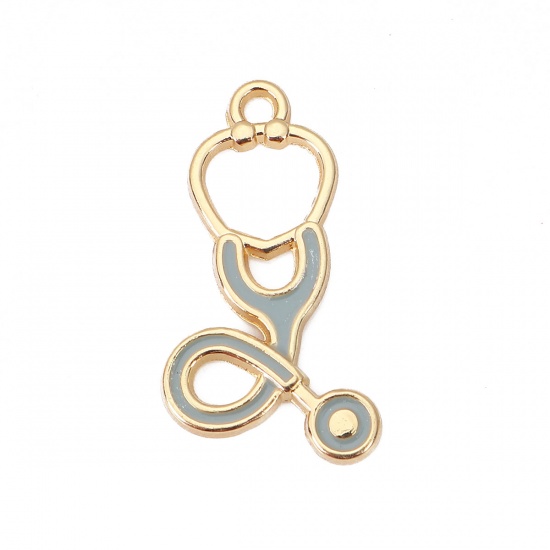 Picture of Zinc Based Alloy Charms Stethoscope Gold Plated Light Blue Enamel 27mm(1 1/8") x 15mm( 5/8"), 10 PCs