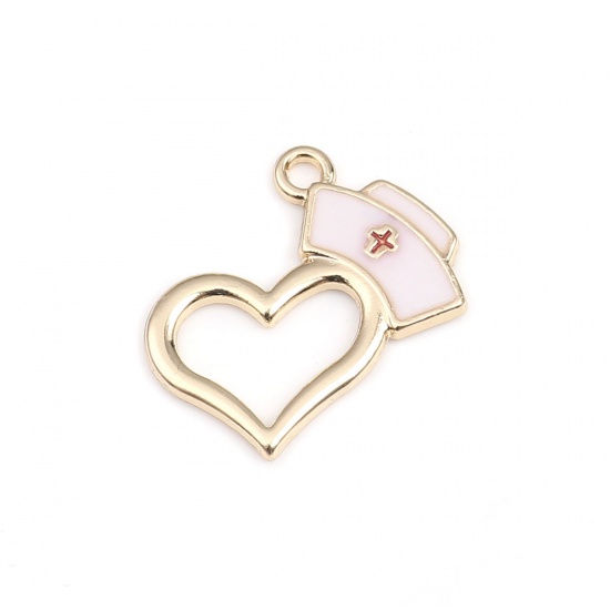 Picture of Zinc Based Alloy Charms Hat Gold Plated White Heart Enamel 20mm( 6/8") x 15mm( 5/8"), 10 PCs