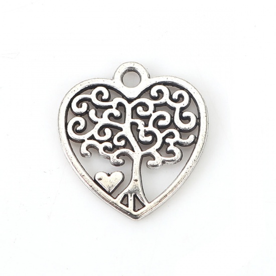 Picture of Zinc Based Alloy Charms Heart Antique Silver Tree 18mm( 6/8") x 17mm( 5/8"), 50 PCs