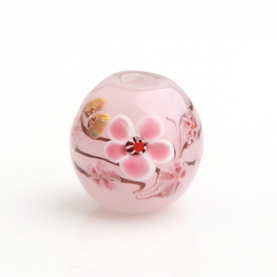 Bild von Muranoglas Japanischer Stil Perlen Rund Rosa Blume Blätter ca 16mm x 16mm, Loch:ca. 2.8mm, 1 Stück