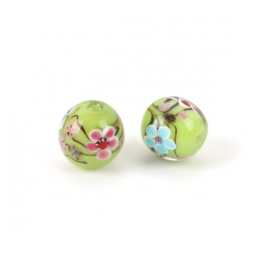 Bild von Muranoglas Japanischer Stil Perlen Rund Grün Blume Blätter ca 16mm x 16mm, Loch:ca. 2.8mm, 1 Stück