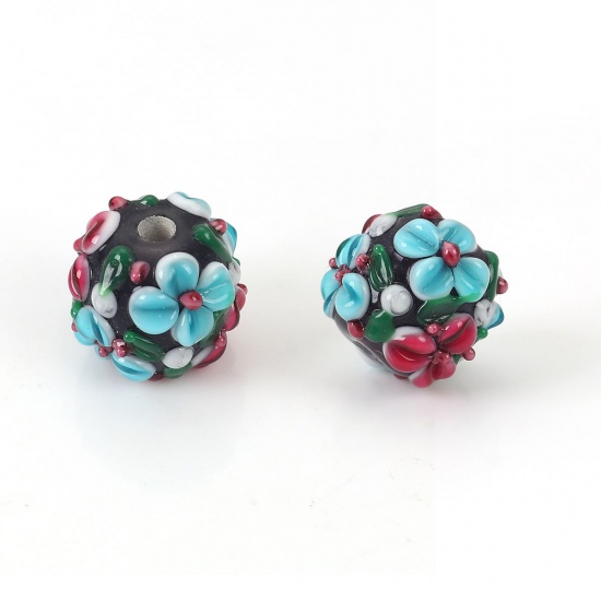 Picture of Lampwork Glass Encased Floral Beads Round Blue Flower Leaves About 13mm x 13mm, Hole: Approx 2.5mm, 1 Piece