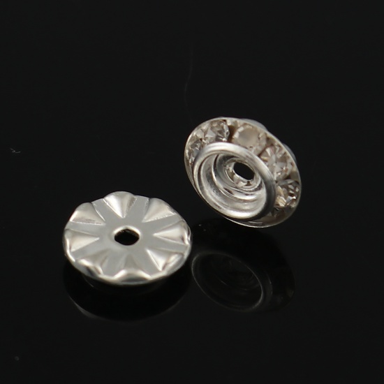 Picture of Iron Based Alloy Rondelle Spacer Beads Round Silver Plated Clear Rhinestone About 9mm Dia, Hole: Approx 1.6mm, 50 PCs