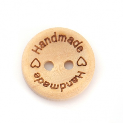 ウッド 縫製ボタン 円形 ナチュラル 2つ穴 文字柄 " Handmade" 15mm直径、 100 PCs の画像