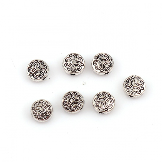 Image de Perles en Alliage de Zinc Rond Argent Vieilli Fleurs Gravé 6mm Dia, Trou env. 1.6mm, 100 Pcs