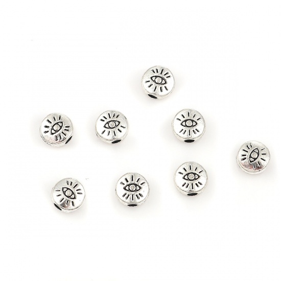 Bild von Zinklegierung Zwischenperlen Spacer Perlen Rund Antiksilber Auge ca. 6mm D., Loch:ca. 1.8mm, 100 Stück