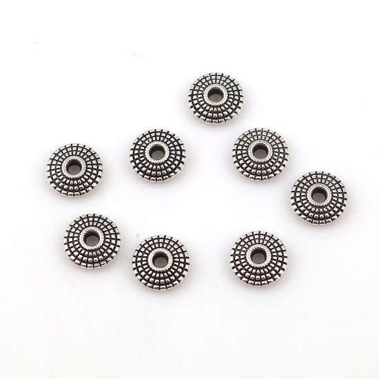 Bild von Zinklegierung Zwischenperlen Spacer Perlen Rund Antiksilber Punkt ca. 8mm D., Loch:ca. 1.9mm, 100 Stück