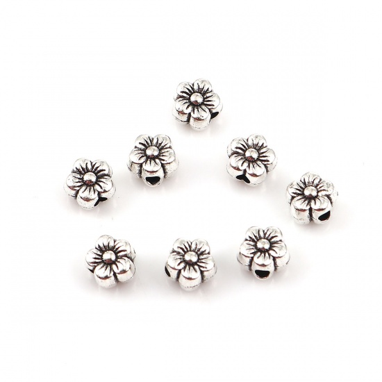 Bild von Zinklegierung Zwischenperlen Spacer Perlen Blumen Antiksilber 7mm x 6mm, Loch:ca. 1.8mm, 100 Stück
