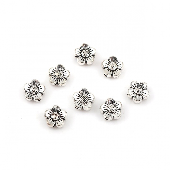 Bild von Zinklegierung Zwischenperlen Spacer Perlen Blumen Antiksilber 8mm x 8mm, Loch:ca. 1.5mm, 100 Stück