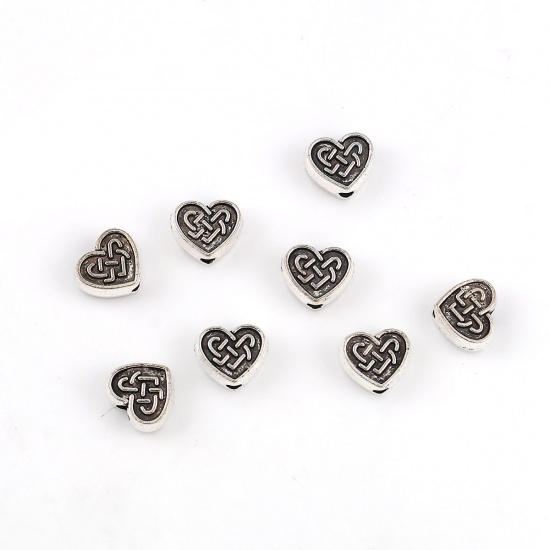 Bild von Zinklegierung Zwischenperlen Spacer Perlen Herz Antiksilber Geschnitzt 9mm x 8mm, Loch:ca. 2mm, 50 Stück
