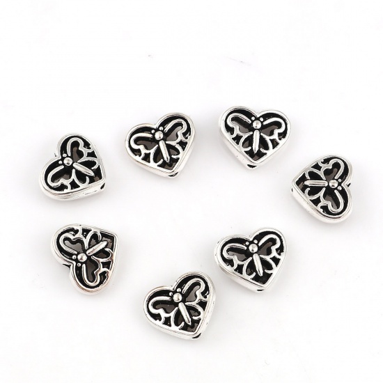 Image de Perles en Alliage de Zinc Cœur Argent Vieilli Papillons Gravé 12mm x 10mm, Trou env. 1.8mm, 50 Pcs