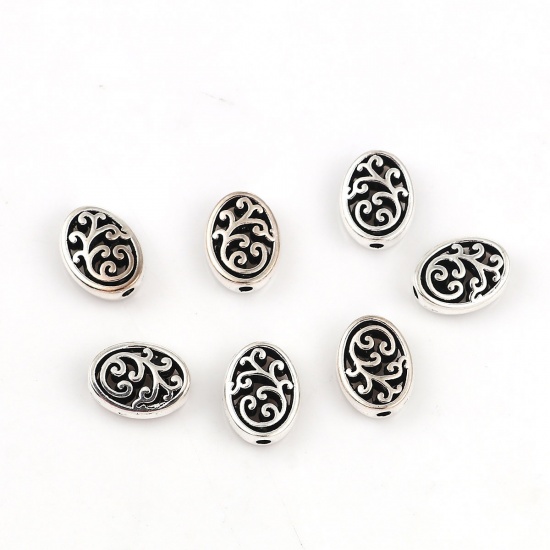 Picture of Zinc Based Alloy Spacer Beads Oval Antique Silver Carved 12mm x 10mm, Hole: Approx 1.8mm, 50 PCs