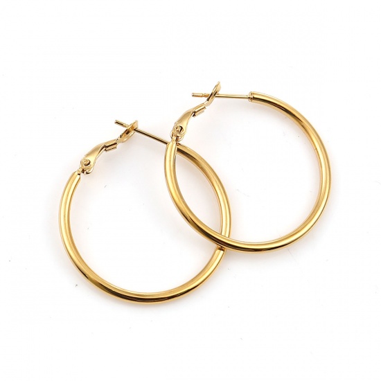 Picture of 316 Stainless Steel Hoop Earrings Gold Plated Round 30mm(1 1/8") Dia., Post/ Wire Size: (20 gauge), 1 Pair”