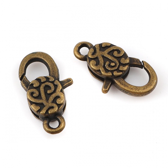 Picture of Zinc Based Alloy Lobster Clasp Findings Antique Bronze Carved Pattern 30mm x 16mm, 5 PCs