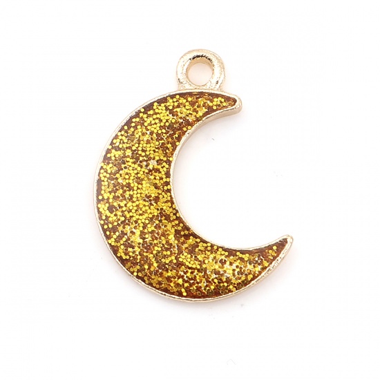 Picture of Zinc Based Alloy Galaxy Charms Half Moon Gold Plated Golden Glitter Enamel 19mm( 6/8") x 15mm( 5/8"), 20 PCs