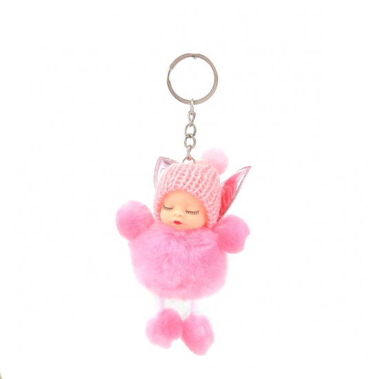 Picture of Plush Keychain & Keyring Doll Silver Tone Neon Pink Pom Pom Ball 15cm x 6.2cm, 1 Piece